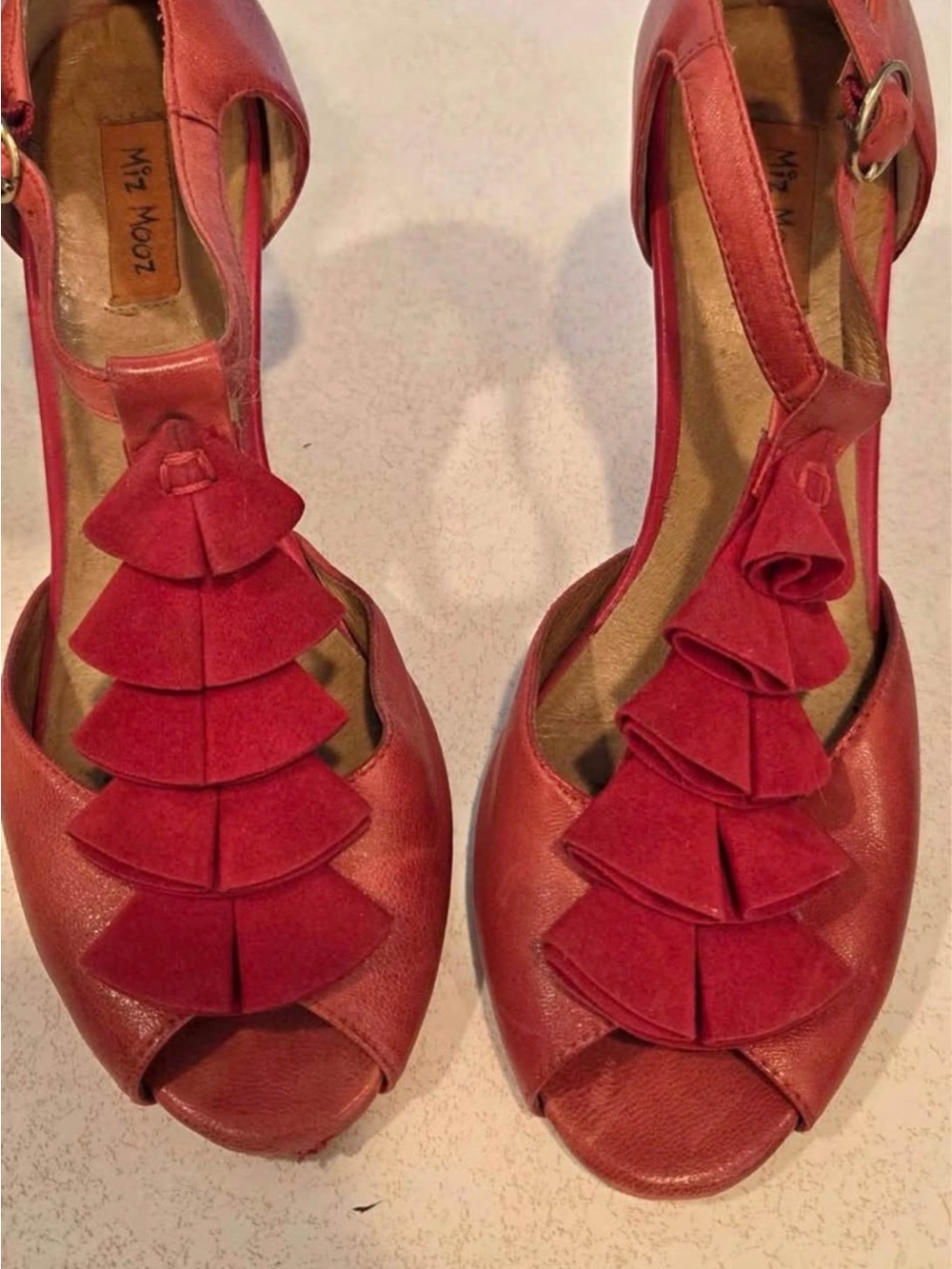 Miz Mooz Red Peep-Toe T-Strap Heels with Layered Ruffle Accent size 7.5